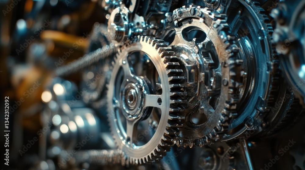 Poster close-up view of intricate gears and cogs in a mechanical assembly reflecting industrial engineering