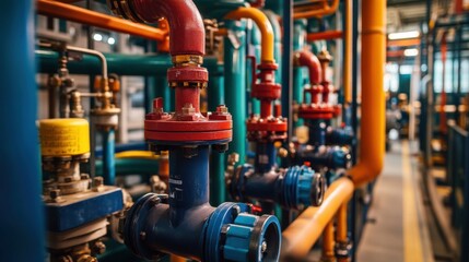Naklejka premium Colorful Industrial Pipelines and Valves in a Modern Factory Setting with Focus on Engineering and Infrastructure Details