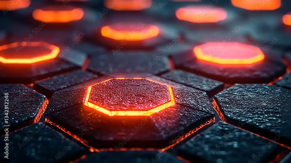 Poster futuristic glowing hexagonal tiles creating an immersive digital environment with vibrant orange lig