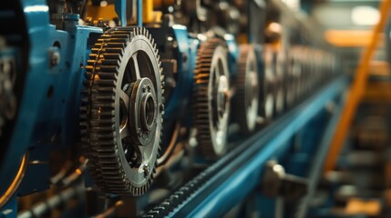 Detailed Close-Up of Industrial Gears and Machinery in Motion within a Manufacturing Facility Showcasing Mechanical Precision and Engineering Excellence