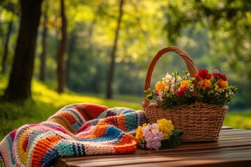 Sunny park picnic scene with colorful flowers in a wicker basket and knitted blanket