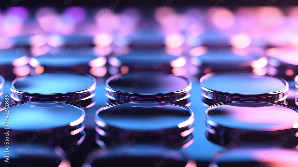 Poster metallic round discs in rows with vibrant blue and pink neon lighting creating futuristic technologi