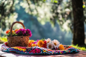 Colorful flowers in a wicker basket on a vibrant blanket outdoors