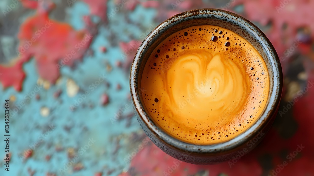 Poster fresh espresso with creamy heart-shaped foam pattern in dark ceramic cup on rustic turquoise and red