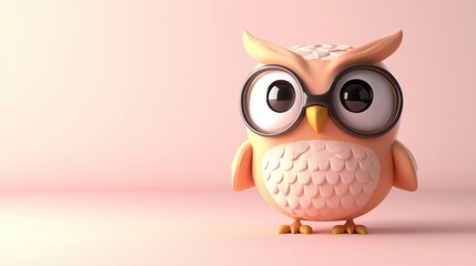 Obraz premium A cartoon owl wearing glasses sits on a pink background