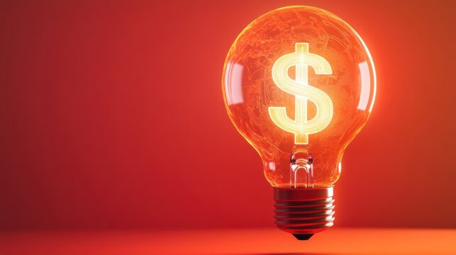 Bright Light Bulb with Dollar Sign Symbolizing Economic Ideas and Financial Concepts against a Warm Red Background