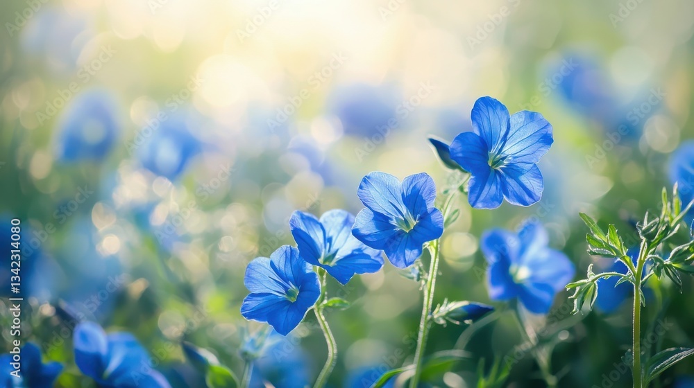 Poster vibrant blue wildflowers in full bloom during summer with soft background light and ample space for 