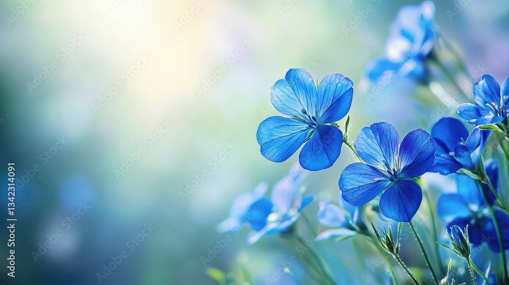 Poster vibrant blue wildflowers in full bloom during summer with soft background light and ample space for 