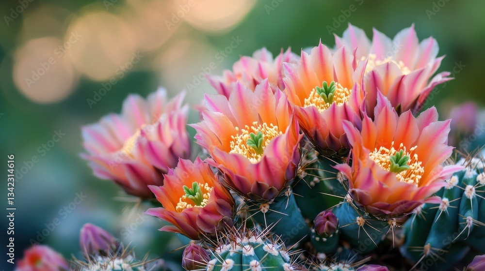Poster vibrant cactus blooms in soft focus background with space for textual overlay