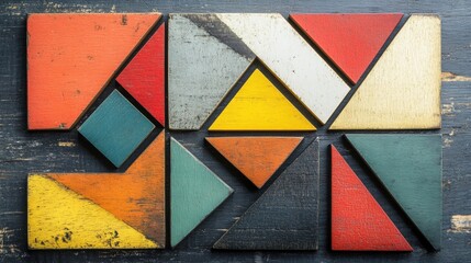 Colorful Geometric Shapes Arrangement on Dark Background with Vintage Wooden Texture Ideal for Art and Design Projects