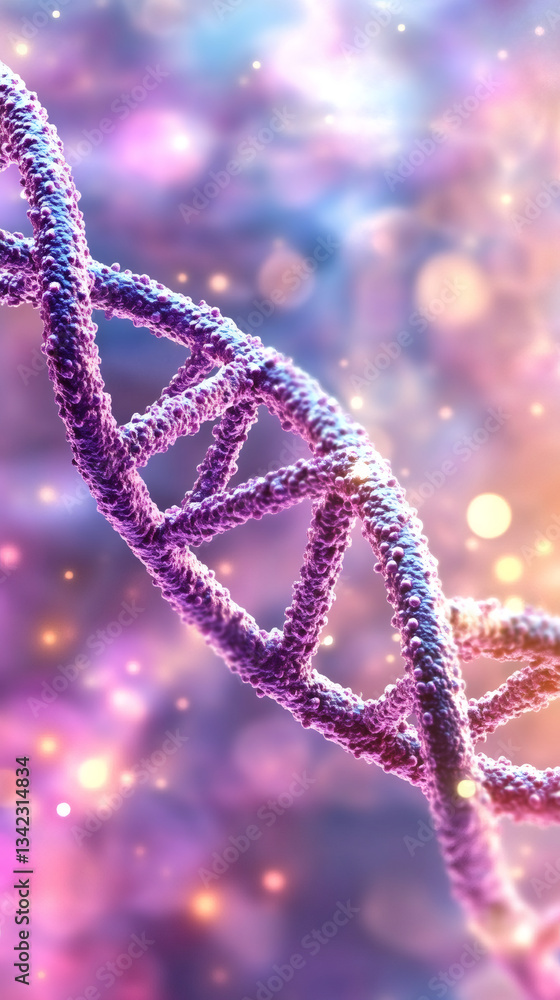 Aufkleber Detailed 3d render of a purple DNA double helix rotating in a colorful abstract scientific background with glowing bokeh
