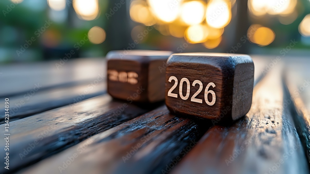 Poster wooden blocks showing year 2026 on park bench with soft bokeh lights in background creating warm atm