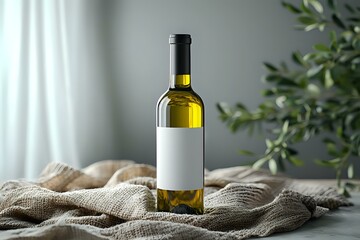 Naklejka premium Wine bottle with blank white label on natural linen tablecloth against soft gray background with olive tree branch, minimalist product photography setup.