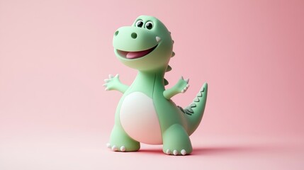 Obraz premium A cute cartoon green dinosaur with open arms on pink background