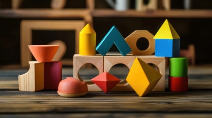 Colorful Wooden Building Blocks in Playful Arrangement for Early Childhood Development and Learning Activities