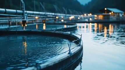 Fototapeta premium Tranquil Aquaculture Farm at Dusk with Circular Tanks Reflecting Surrounding Nature and Soft Lights in Background