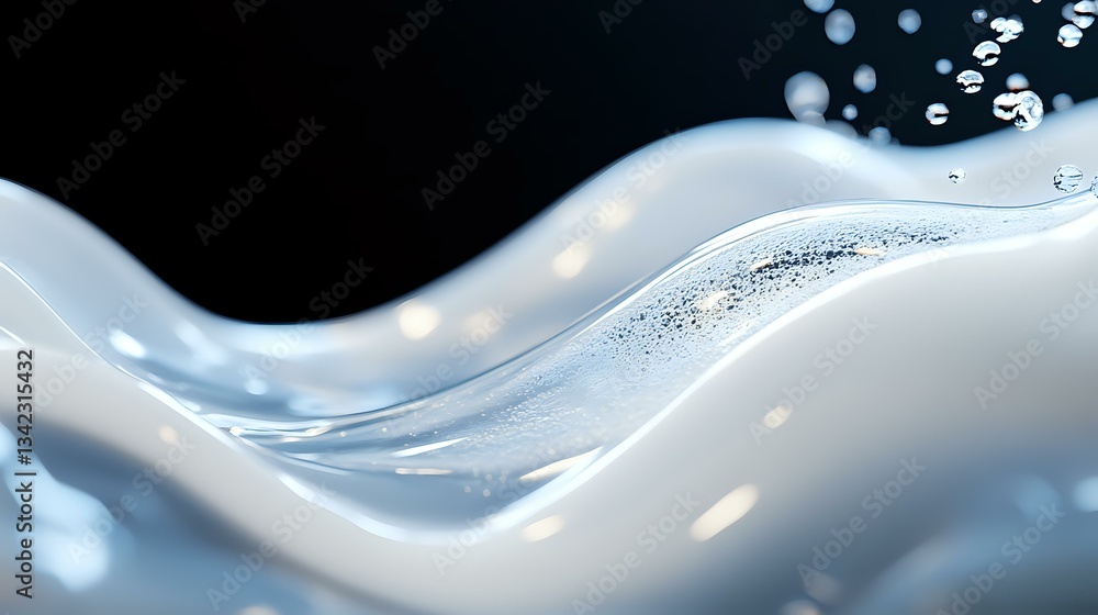 Poster flowing liquid waves create dynamic abstract pattern in white and blue tones against dark background