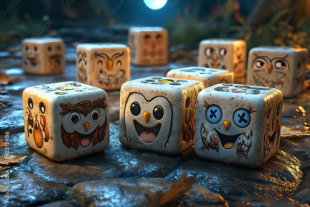 Poster playful dice with hand-drawn emoji faces arranged on dark textured surface under moonlight, creating