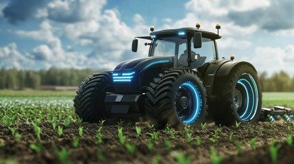 Fototapeta premium Futuristic Black Tractor with Blue Lights in a Green Field Under a Bright Sky