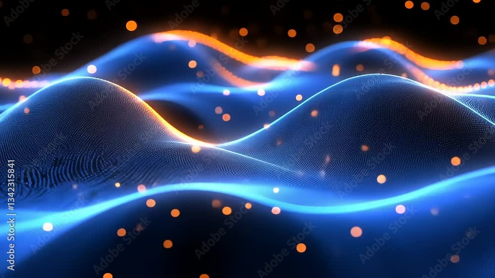 Poster abstract representation of flowing waves illuminated by glowing particles in a dark environment