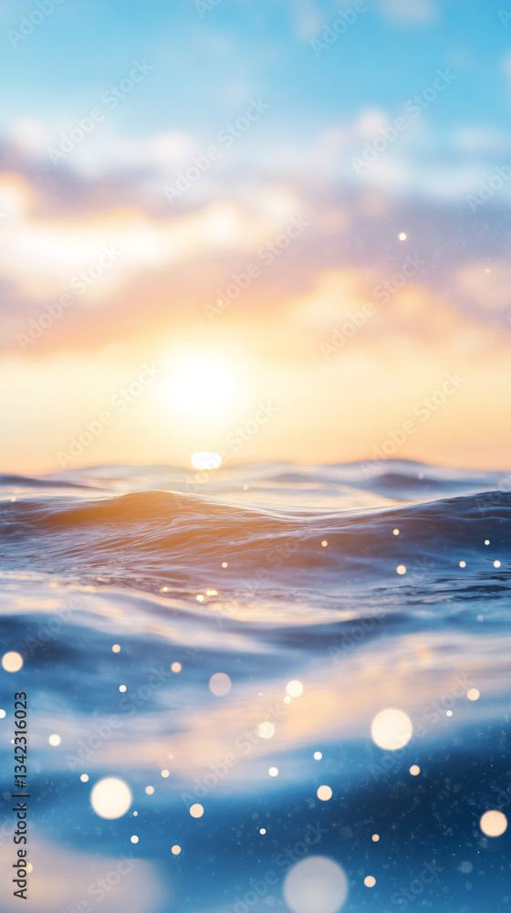 Poster golden sunlight shimmering across tranquil ocean waters, casting soft bokeh reflections and highligh