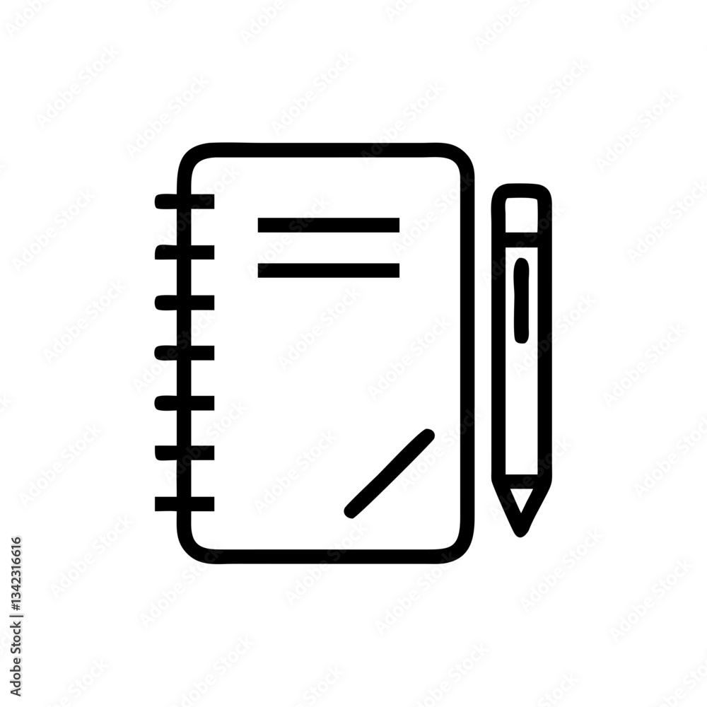 Poster a simple outline image of a notebook and a pen. this image suitable for design element of notepad or