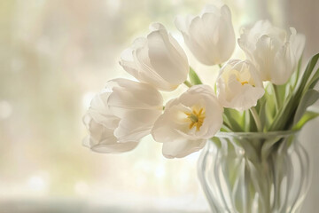 Bouquet of white tulips blooming near window in soft light