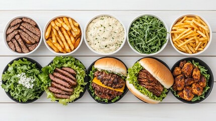 Variety of foods on a white wooden surface