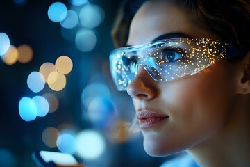 Young woman wearing futuristic smart glasses with augmented reality display showing glowing data points and digital information against blurred bokeh lights.