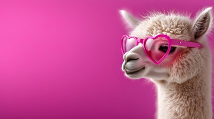 Funny alpaca wearing pink heart-shaped sunglasses on bright pink background. Close up portrait of smiling llama face showing personality and humor.