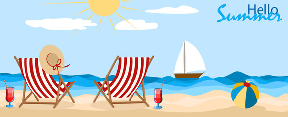 Relaxing summer beach with deck chairs, refreshments, and a sailboat under a bright sun