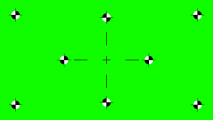 Greenscreen template. Green background with tracking black cross marks. Chromakey video technology to add visual effects or VFX in footage during movie post-production phase. Vector flat illustration.