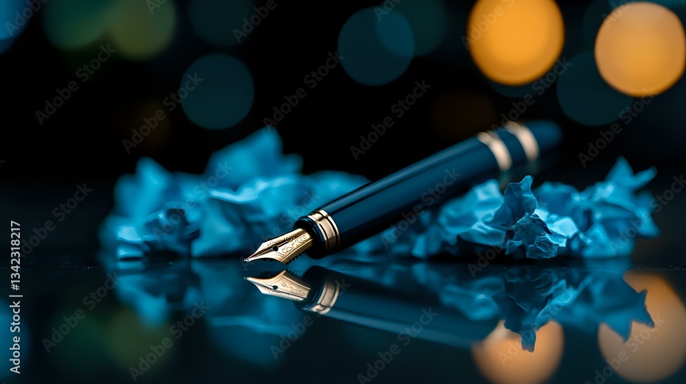 Aufkleber elegant fountain pen on reflective surface with crumpled blue paper and soft bokeh lights creating a