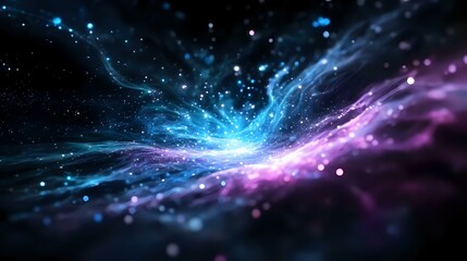 Obraz premium Cosmic nebula with vibrant blue and purple colors swirling in deep space, creating dynamic energy waves among glowing stars and celestial particles in dark universe.