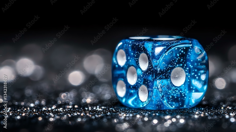 Poster translucent blue dice with white dots on sparkling dark surface, macro photography capturing glitter