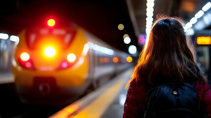 Young Asian woman with backpack waiting on railway platform at night as train with bright headlights approaches station, creating atmospheric urban scene.