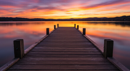Fototapeta premium Serene Waterfront Sunset Reflection: Captivating Evening Landscape with Pastel Skies and Tranquil Lake Scenery