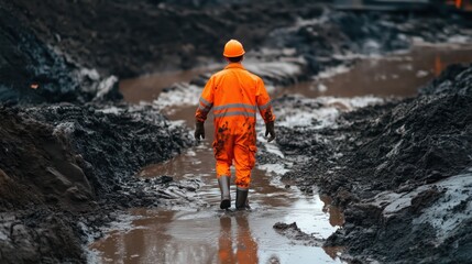 A determined worker in bright orange gear strides through a muddy construction site, embodying resilience and dedication in tough conditions.

