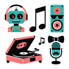 Naklejka premium 2d vector illustration icon cool entertainment cartoon character music tools (Drum , Music Note , Headphones ,Microphone , Piano , Guitar ,Record) 