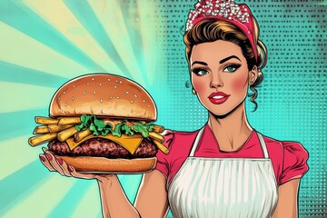 Playful pin-up waitress serves oversized burger and fries in diner