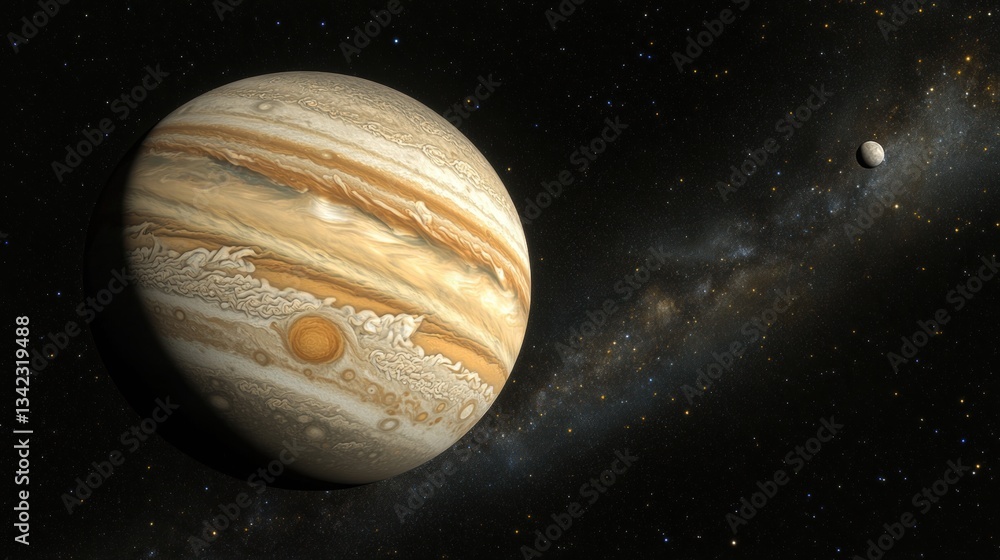 Poster majestic view of jupiter with distinct bands and moons against the backdrop of starry space and the 