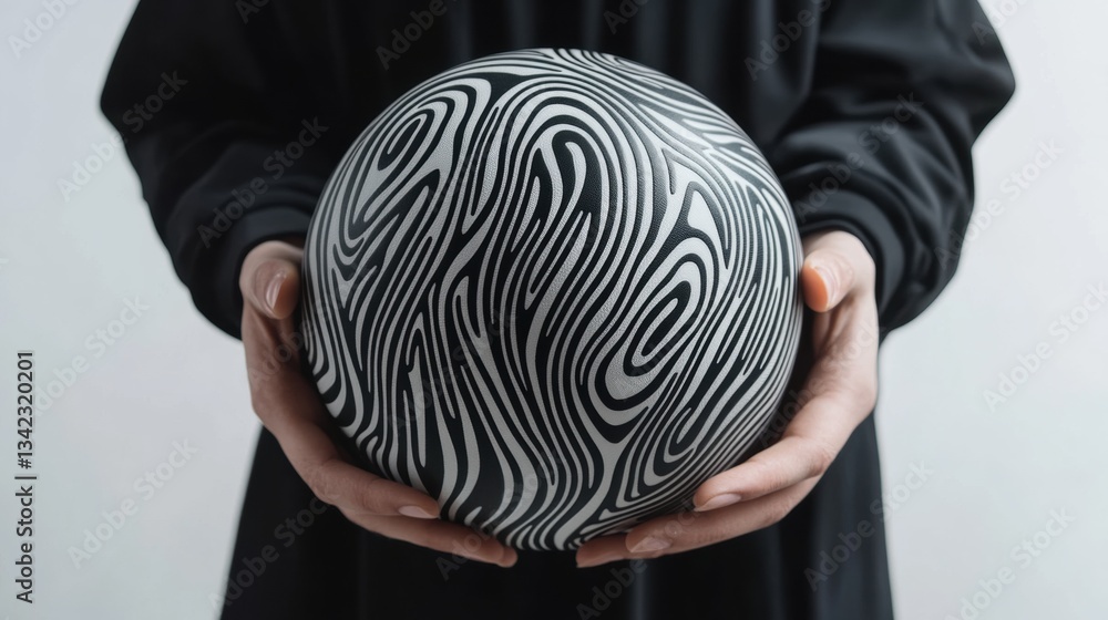 Poster person holding abstract black and white sphere with flowing line patterns in a minimalist studio set