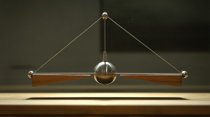 Precision Instruments in Motion: A Floating Device Showcasing Balance and Scientific Principles with Wooden Supports and Metallic Sphere