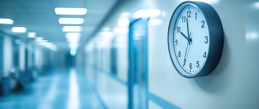 Timeless Precision: Clock in a Hospital Corridor, Demonstrating Medical Urgency