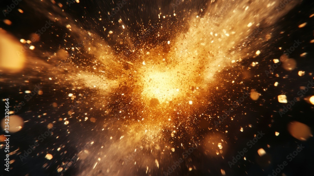 Aufkleber explosive burst of golden particles in a cosmic space scene representing an energetic explosion or c