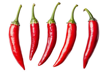 Five Red Chili Peppers With Green Stems On Transparent Background, PNG