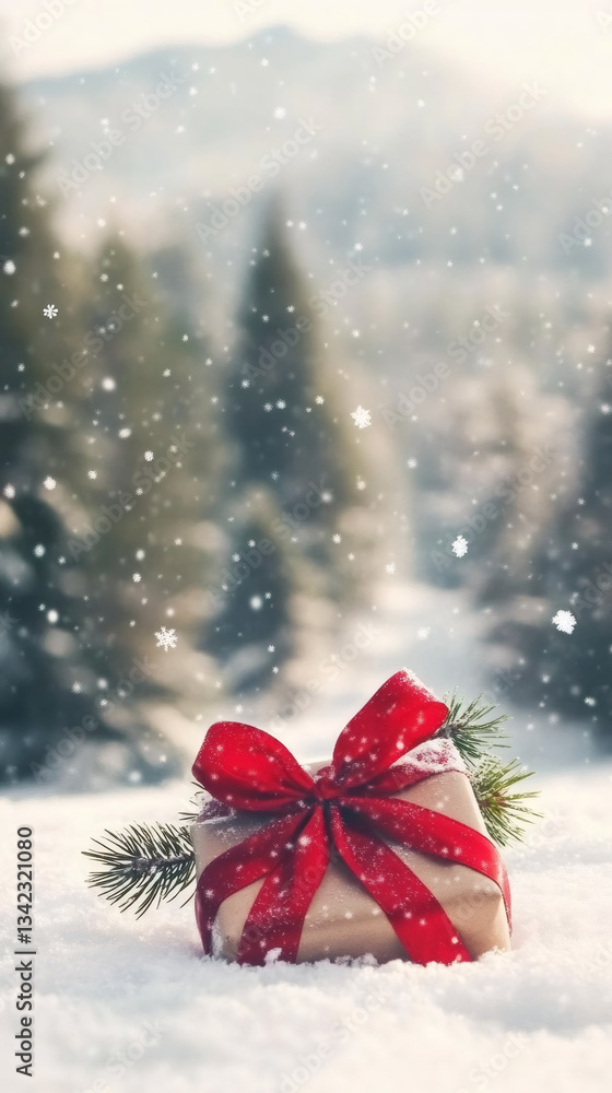 Aufkleber wrapped christmas gift with red ribbon resting on fresh snow with snowy trees in the background duri