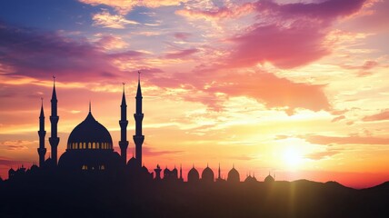 Naklejka premium A horizontal banner featuring the silhouette of a mosque against a glowing sunset gradient — peaceful, elegant, and spiritual composition with warm golden light. 