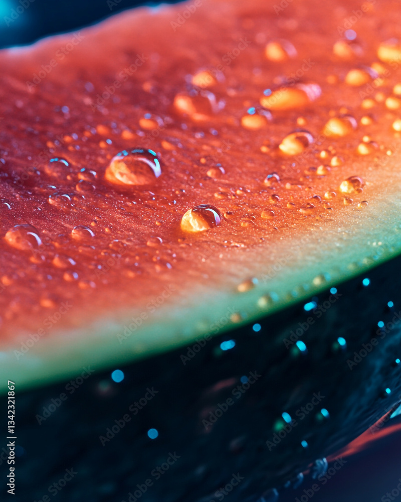 Poster a close up view of a slice of watermelon with water droplets on the surface and a dark background