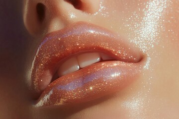 Fototapeta premium Soft shimmering lipstick enhances natural beauty with glossy finish for a radiant look